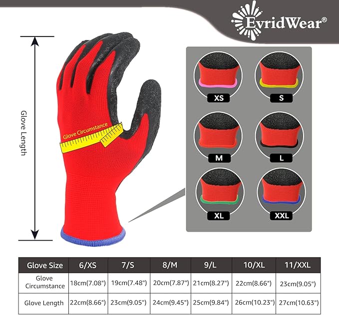 Evridwear Crinkle Latex Rubber Hand Coated Safety Work Gloves for Men Women General Multi Use Construction Warehouse Gardening Assembly Landscaping (L-Size) 12 Pairs Pack