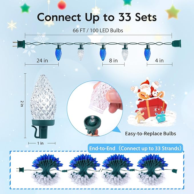 Brightown C9 LED Christmas String Lights, 66ft 100 LED Waterproof Strawberry String Lights, Plug-in Extendable Green Wire Lights String for Outdoor Outside Patio Party Decoration, Blue and White