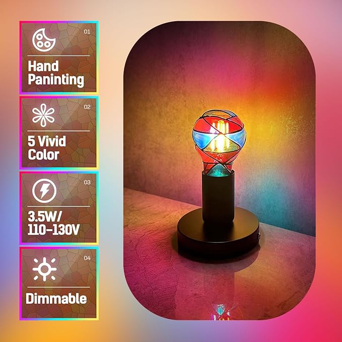 Hompavo Upgraded Dimmable LED Stained Glass Light Bulb, Hand-Painted Colorful E26 A19/A60 3.5W, for Party, Halloween, Christmas, Home, Room, Garden, Balcony Decoration, 2 Pack