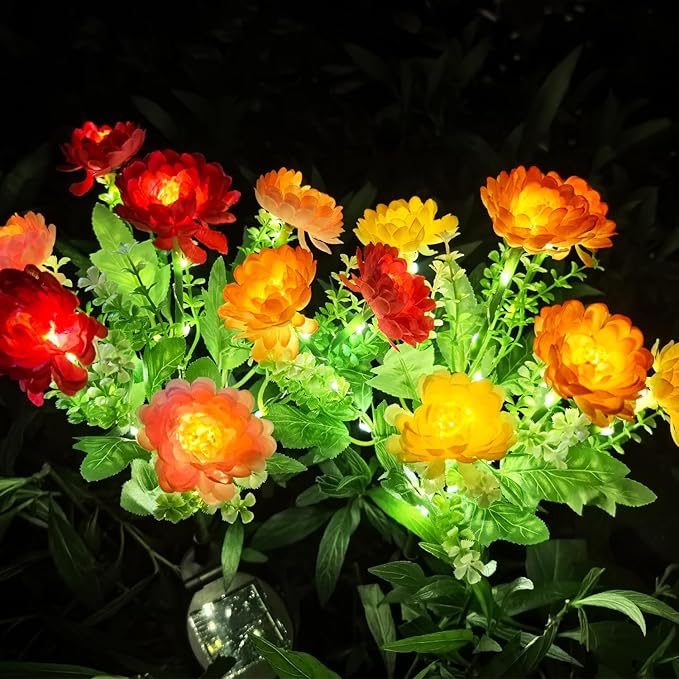 Solar Flowers Lights, 2 Pack Solar Garden Lights with 14 Blooming Flowers, Waterproof Solar Outdoor Fairy Lights for Outside Yard, Garden, Pathway, Walkway, Patio, Lawn, Cemetery, Grave Decor