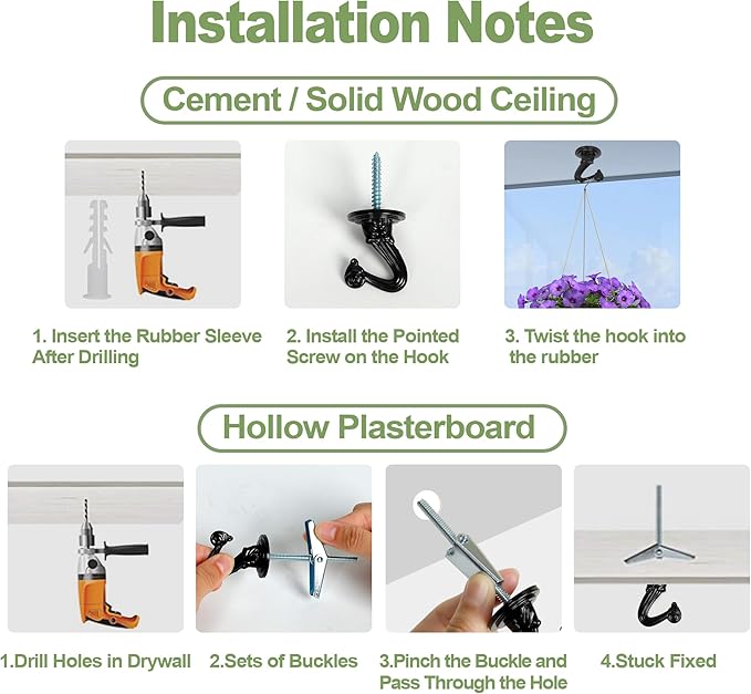 Ceiling Swag Hook Sets - Heavy Duty Hooks with Mounting Hardware for Hanging Plant, Ceiling or Extender Chains - Easy Install with Screws/Brackets (10 pcs - Black)