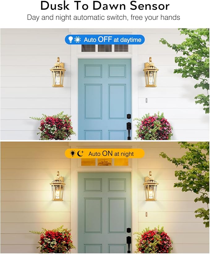 VIANIS Dusk to Dawn Outdoor Wall Lanterns, Modern Golden Exterior Lighting Fixtures Wall Mount Sconces, 100% Aluminum Waterproof Gold Porch Lights, Outside Coach Lantern for House Patio Garage, 2-Pack