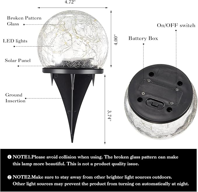 Honoson 4.7 Inch Solar Globe Lights Outdoor Waterproof, Solar Balls for Garden Cracked Glass Ball, Ground Landscape Garden Decor for Patio and Yard Lawn Backyard (4 Pieces)