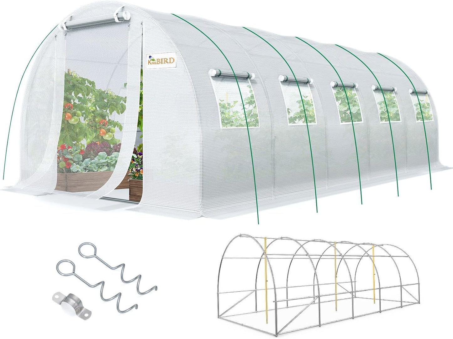KING BIRD Premium 25x10x6.6FT Greenhouse for Outdoors, Large Walk-in Heavy Duty Galvanized Steel Frame, Mesh Door Screen Window Upgraded Zipper Tunnel Hoop for Garden Plant Winter, White