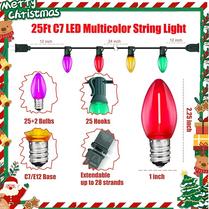 C7 LED Multicolor Christmas String Lights, 25FT with 27 Clear Bulbs, Hanging Outdoor Christmas Decorations for Tree, Patio, Garden, Yard