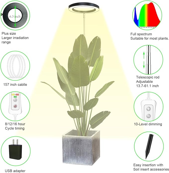 Plant Grow Light,yadoker LED Growing Light Full Spectrum for Indoor Plants,Height Adjustable, Automatic Timer, 5V Low Safe Voltage,Idea for Large Plant Light, 2 Pack