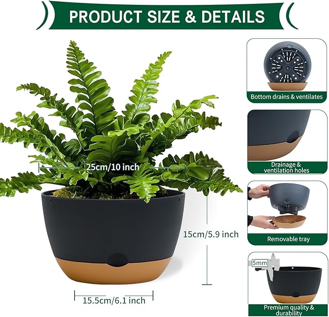 10 Inch Pots for Indoor Plants, Large Self Watering Planters with Drainage and Saucers, Plastic Outdoor Flower Pot, Set of 2, Grey