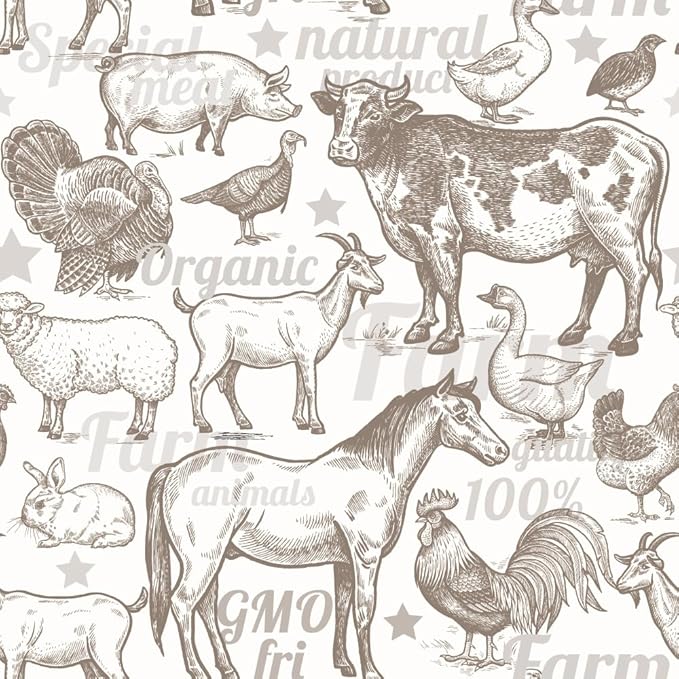 Boho Rustic Farm Animals Cow Rooster Horse Turkey Peel and Stick Wallpaper Self Adhesive Removable Easy Peel Off Stick on Wall Paper for Bedroom Cabinet Renter