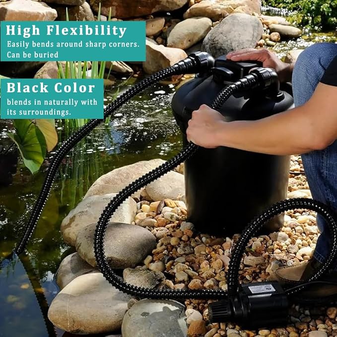Pond Hose ID 1” × 25ft Black Corrugated Flexible Reinforced PVC Hose Vinyl Tubing for Pond Pump Fountain Garden Waterfall, Non-toxic & Kinkproof, with 2 clamps