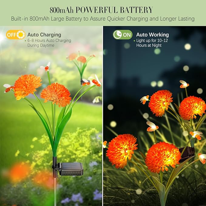 Solar Garden Lights, 8 Pack Solar Swaying Bee Lights with Flowers, Waterproof Solar Firefly Lights Outdoor for Garden Patio Yard Pathway Fall Decoration, Gifts for Women Mother's Day