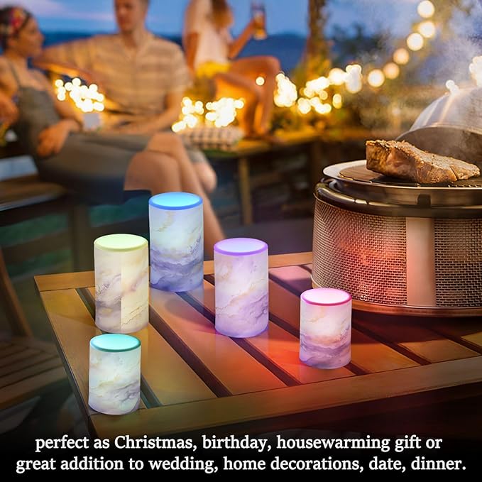 Flickering Flameless Candles, Purple Gold Marble LED Candles with Remote Timer, Set of 2 Battery Operated Candle for Valentine Wedding Birthday