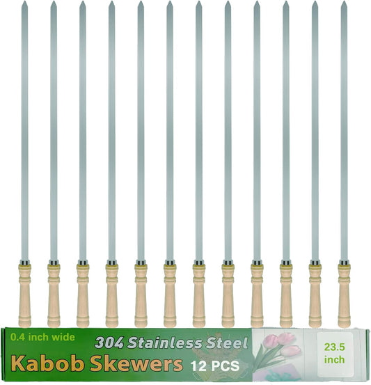 23.5" Large Skewers for Grilling,304 Stainless Steel 0.4 inch Wide Kabob Skewers with Wooden Handle,Heavy-Duty Flat Metal Kebab Skewer,BBQ Barbecue Skewer Reusable for Outdoor Grill-12PCS
