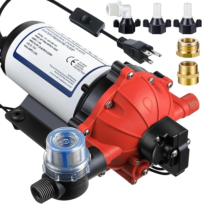 Dreyoo Water Diaphragm Pump, 115V AC, 5.5 GPM, 60 PSI Rated Pressure, 1/2" Threaded MNPT Self Priming Diaphragm Pressure Pump with Pressure Switch for Home, RV, Garden Agricultural Irrigation (Orange)