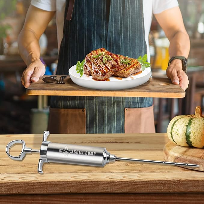 Meat Injector Syringe Kit with 3 Professional Marinade Injector Needles for BBQ Grill Smoker, Turkey and Brisket; 2-oz Large Capacity, Including Paper User Manual, Recipe E-Book (PDF)