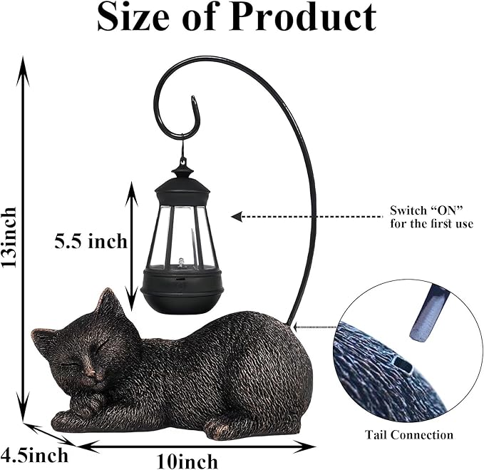 Solar Garden Statue Cat Figurine with Solar Light- Cat Statues Garden Art with Solar Lantern, Loving Cat for Patio,Balcony,Yard, Lawn, Porch-Unique Housewarming Gift for Garden Mom Grandma