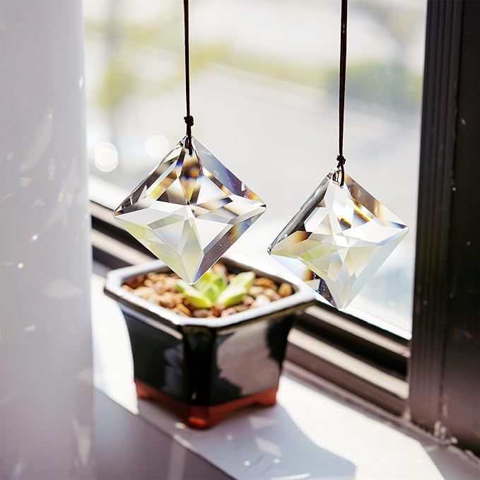 HDCRYSTALGIFTS Set 2,50mm Hanging Faceted Crystals Suncatcher Ornament Window Prisms Rainbow Maker Chandelier Crystal Pendant(Square)
