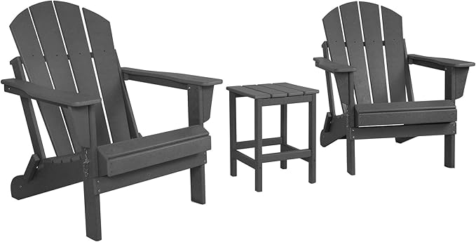 WO Home Furniture Adirondack Chairs Table Set of 3 PCS Outdoor Folding Chairs Side End Table Weather/UV Resistant for Lawn, Garden, Bon Fire, Balcony (Grey)
