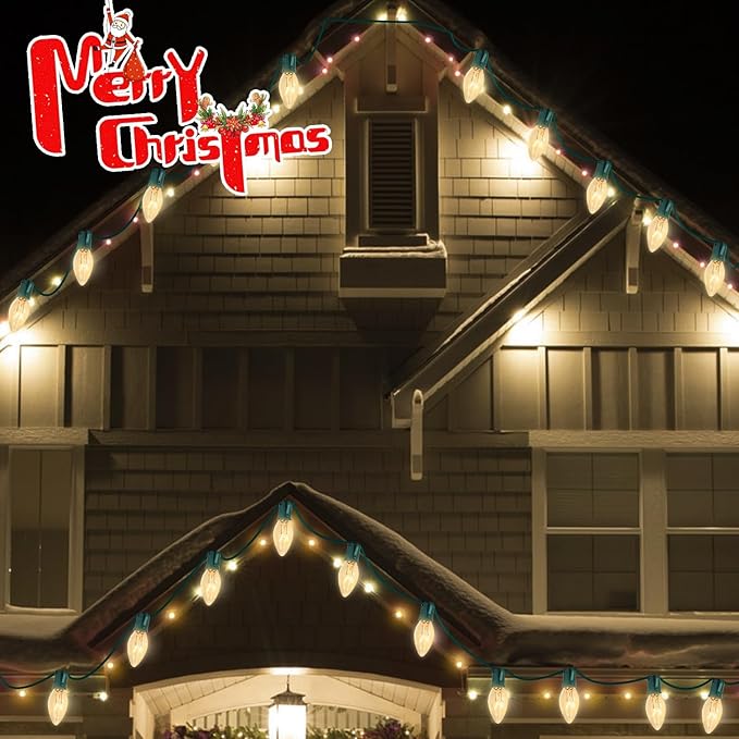 C9 Christmas Pathway Lights, 38FT Clear Christmas Pathway String Lights with 25 Incandescent Bulbs and Stakes for Outdoor Walkway Driveway Backyard Christmas Decorations, Warm White
