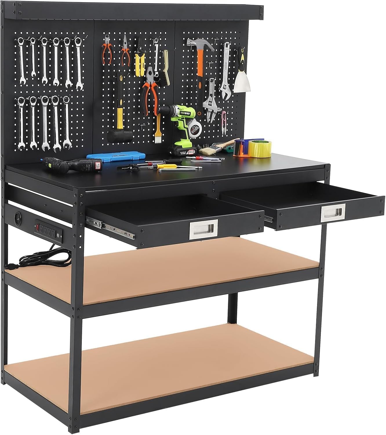 48'' 3-Tier Adjustable Workbench, Heavy Duty Workbench with Drawer and Backplate, 2000 LBS Capacity Work Table, Suitable for Office, Garage, Workshop