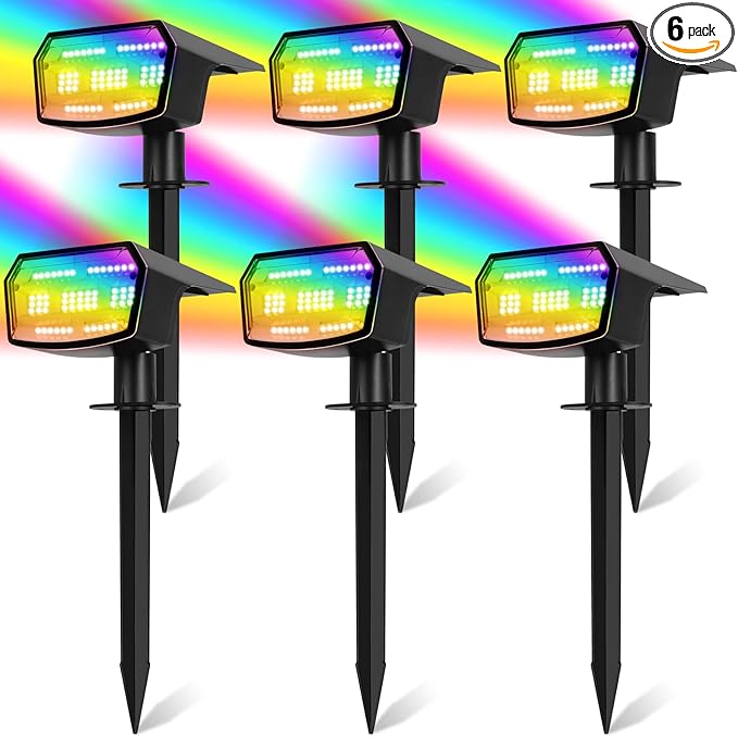 6-Pack Solar Spot Lights Outdoor, 59 LED Solar Lights Outdoor Waterproof, 9 Lighting Modes Outdoor Solar Lights for Yard, Landscape Spotlights for Christmas Garden Pathway Multicolor