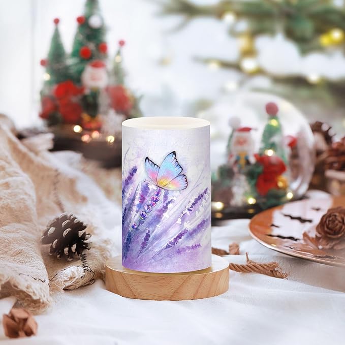 Flickering Flameless Candles, Lavender Butterfly Purple LED Candles with Remote Timer, Set of 2 Battery Operated Candle for Valentine Wedding Birthday