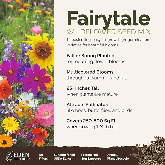 Eden Brothers Fairytale Flower Mixed Seeds for Planting, 1/4 lb, 120,000+ Seeds with Calendula, Cosmos Dazzler, Cornflower, Attracts Pollinators, Plant in Spring or Fall, Zones 3, 4, 5, 6, 7, 8, 9, 10