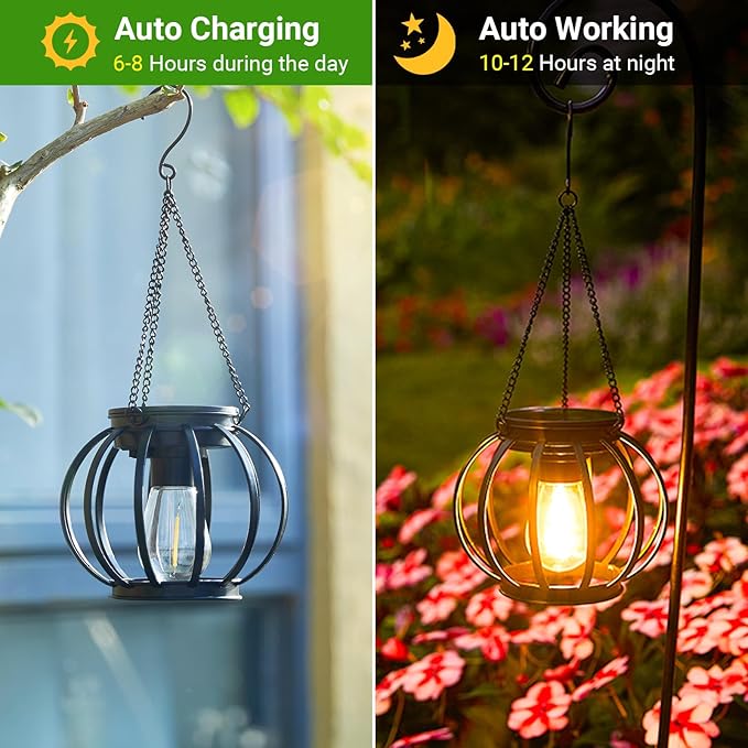 KOOPER Solar Lanterns Outdoor Lights, Upgraded Metal Solar Lantern, Brighter Hanging Solar Lights Outdoor Waterproof, Auto On/Off Solar Light for Yard Garden Patio Pathway Decor 2 Pack