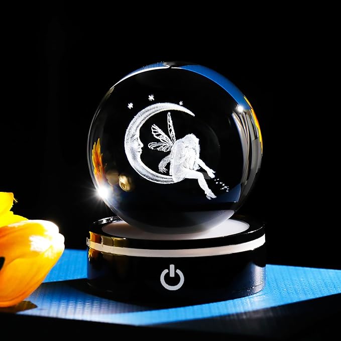 YWHL 3D Moon Fairy Figurine Crystal Ball with Colorful Light Base, Fairy Gifts for Women Girls on Christmas Birthday, 3D Laser Engraved Elf Full Sphere Glass Decorative Ball for Home Office (80mm)
