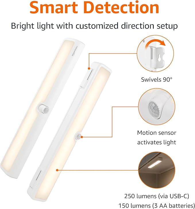 Amazon Basics LED USB/Battery Operated Light Bar, Swivel Motion Sensor, Stick on Lights, 250 Lumens, 12 Inches, Under Cabinet Lighting, Closet, Kitchen, 2 Pack, White
