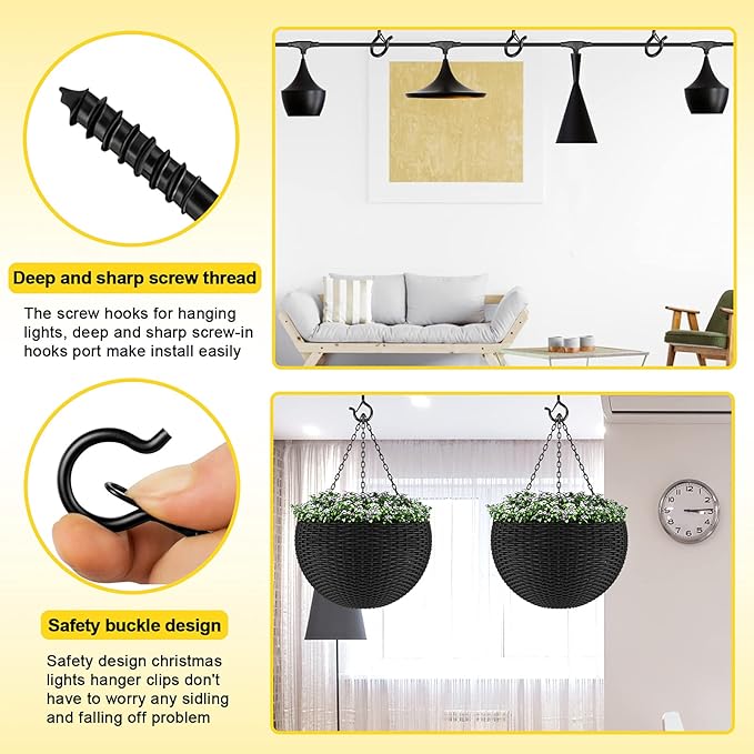 Hooks for Outdoor String Lights, 20 Pack Cup Screw Hooks for Hanging Plants Fairy Led Party Christmas Lights Garage Wind Chimes Black Q Hanger with Safety Buckle Design Easy to Release