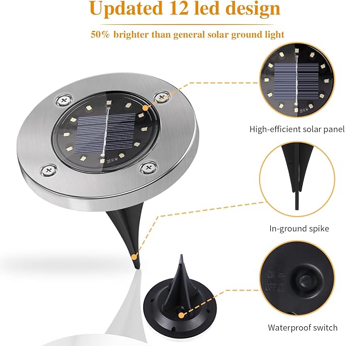 Solar Lights Outdoor Waterproof, 8 Packs Bright Solar Ground Lights with Updated 12 LEDs, Solar Garden Lights Landscape Lights for Pathway Walkway Driveway Patio Yard Deck Lawn Decor (Cold)
