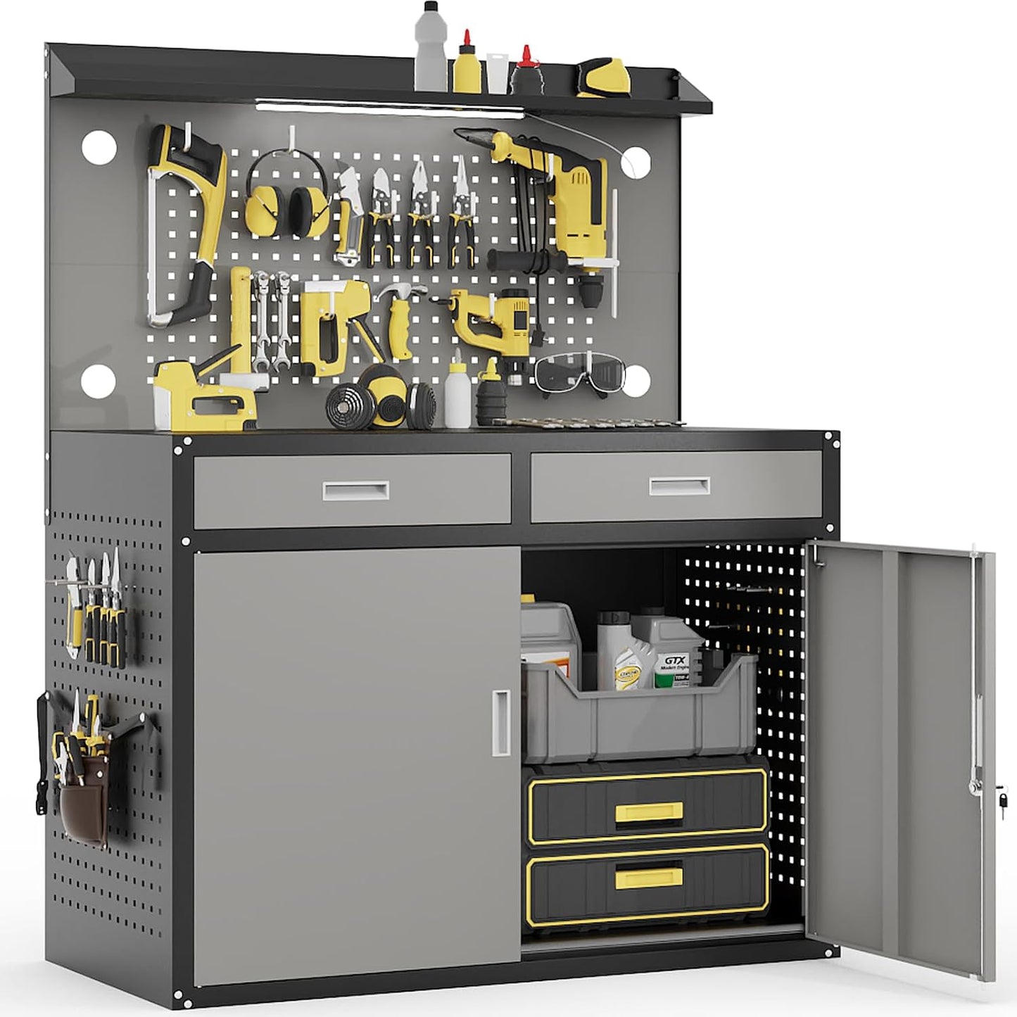 65" Heavy Duty Workbench with Drawers and Lockable Storage Cabinet- 2000 LBS Capacity Work Bench with Pegboard Organiser,Work Table with Adjustable LED Light for Garage,Workshop and Repair Shop