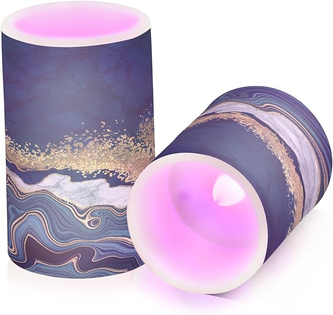 Flickering Flameless Candles, Navy Blue Marble Golden Veins LED Candles with Remote Timer, Set of 2 Battery Operated Candle for Valentine Wedding Birthday