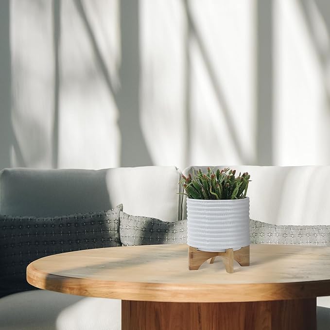 8" Ceramic Planter Stand, White with Wooden Base, Indoor/Outdoor Planter with Stand for Your Succulents and Small Plants, White Planter