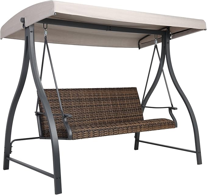 BPS 3 Seat Outdoor Porch Swing with Adjustable Canopy, PE Wicker Patio Swing Chair with Quick-Drying Foam Seat, 882 LBS Capacity, Proch Swings for Deck, Backyard, and Lawn, Khaki