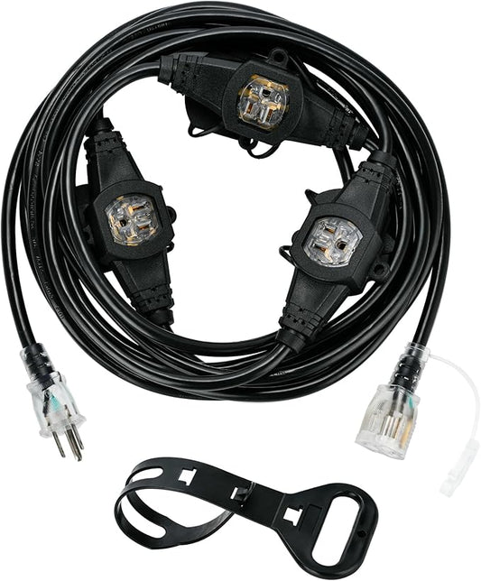 20FT 16 Gauge Multi-Outlet Extension Cord, 4 Evenly Spaced Weatherproof Outlets, Great for Stage Backdrops, Landscape Garden Lighting, Christmas Decorations ETL