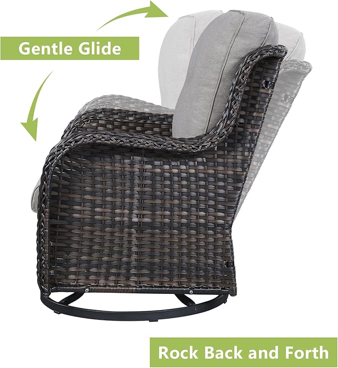 Outdoor Patio Swivel Rocker Chairs - 3 Piece Patio Bistro Set,Wicker Patio Furniture Set with 2 Swivel Rocking Chairs and 1 Glass Top Side Table for Deck Porch Garden,rown/Grey