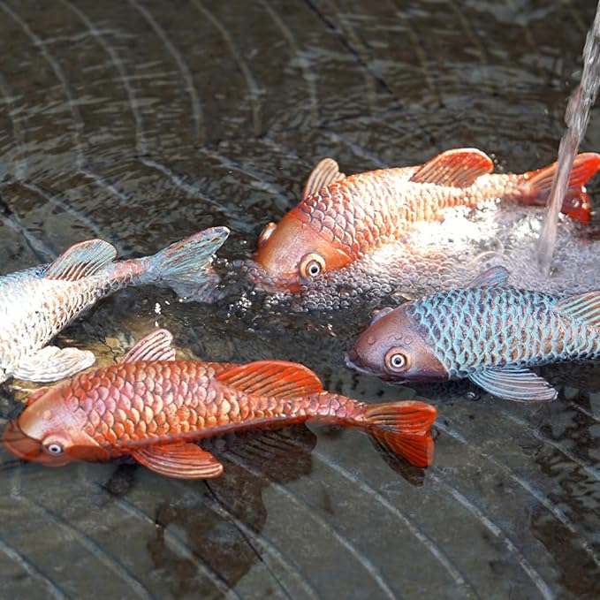 Antique Ceramic Koi Fish Garden Statues - Set of 2 | Exquisite Fish Sculptures for Outdoor, Patio, Pond, and Garden Decorations (Brassy)