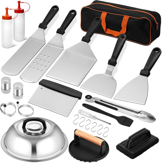 25Pcs Griddle Accessories Kit, Leonyo Flat Top Grill Accessories for Outdoor, Professional BBQ Griddle Tools Smash Burger Press Kit with Enlarged Spatulas Scraper, Basting Cover - PP Handle