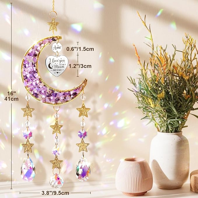 Aunt Gifts from Niece Nephew, Aunt for Auntie Gifts, Best Aunt Ever Gift Aunt Birthday Gifts for Auntie, Unique Auntie Gifts for Women Moon Crystal Suncatcher for Windows Hanging