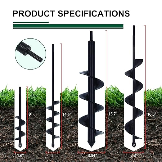 4 Pack Garden Ground Earth Spiral Drill Bit for 3/8" Hex Drive Drill, Auger Drill Bits for Bulbs Planting, Hole Digger Flowers,Bedding Digging Plant Rapid Planter Tool