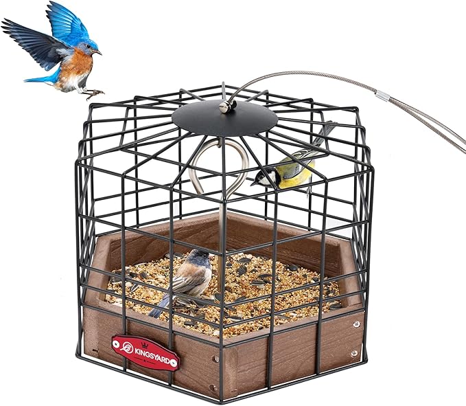 Kingsyard Squirrel Proof Platform Bird Feeders for Outdoor Hanging, Caged Bird Feeder for Small Wildbirds Finches, Recycled Plastic Feeding Platform with Metal Seed Tray, Brown