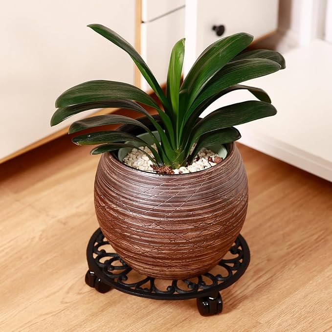 11 Inch Rolling Plant Stand with Wheels Wrought Iron Rolling Plant Stand with Casters Heavy Duty for Indoor Plants Rollers with Plant Saucers, Metal Round Plant Dolly 1 Pack