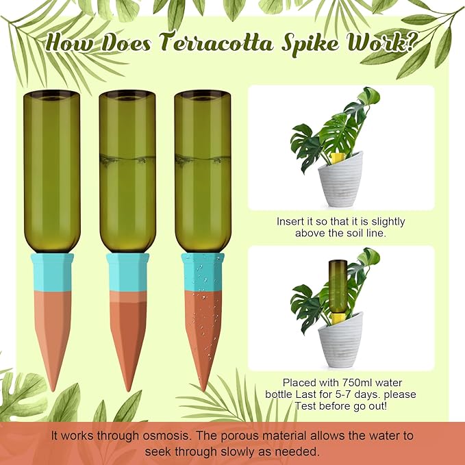 12 Pack Plant Watering Devices Include 6 Terracotta Self Watering Spikes and 6 Pcs 26 oz Plastic Bottles, Slow Release Vacation Insert Automatic Plant Waterer Device (Mixed Colors)