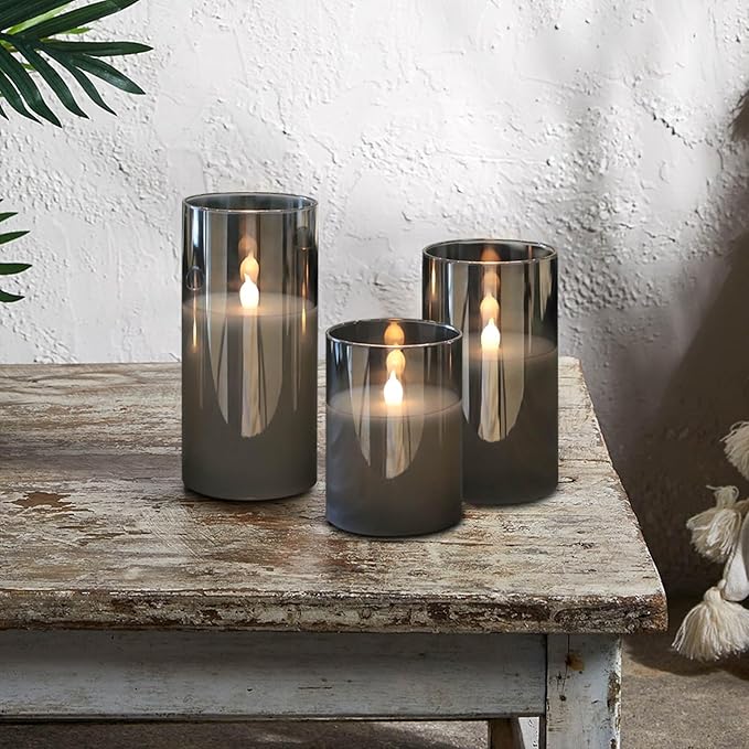 LED Flickering Candles with Remote Timer,Glass Flamless Pillar Candles Real Wax with 3D Wick Realistic,Warmth Decoration for Wedding Home Festival (Grey)