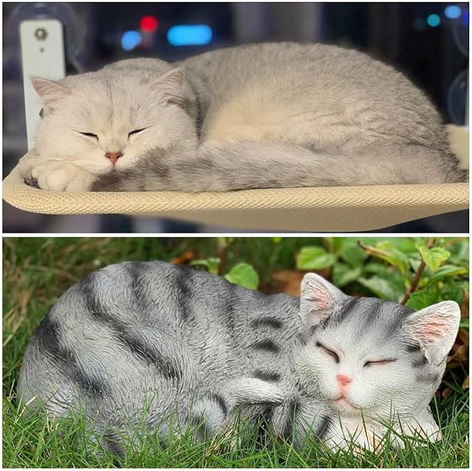 Cat Figurines Outdoor Statue Garden Decor, Cat Statue Garden Statues Outdoor Clearance for Patio, Lawn Decoration, 11.5" Larger Grey Sleeping Cat Statue for Indoor Table Accessory, Cat Gift for Mom