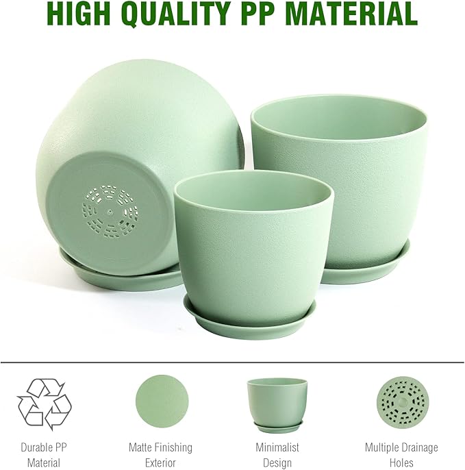 Flower Pots 9/8/7.5 inch, Plant Pots for Indoor Outdoor Plants, Set of 3 Modern Decorative Plastic Planters with Drainage Holes and Saucers for Garden Porch House Plants, Green