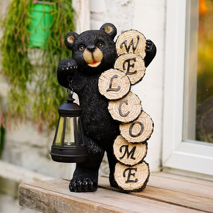 Garden Decor Solar Statues: Mothers Day Gifts for Mom Grandma Birthdays for Women Sister Wife Lady - Front Patio Balcony Yard Art Lawn Ornaments Porch Outdoor Outside Decorations (Bear)