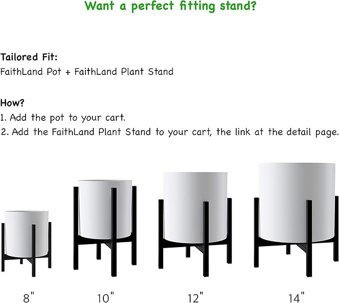 FaithLand Plant Pot 8 inch - Perfectly Fits Mid-Century Modern Plant Stand - Drainage Plug and Drainage Mesh Screen - White Planter Pot.