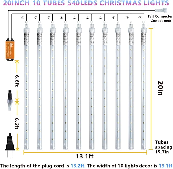 Purple Meteor Shower Lights, Christmas Lights 10 Tube 540 LED 20 Inch Icicle Raindrop Lights for Halloween Tree Patio Garden Roof Eaves Outdoor Decor, Waterproof Plug